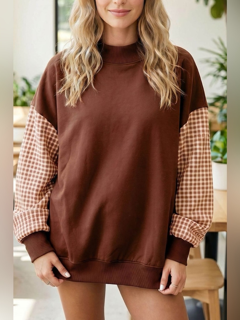 Plaid Sleeve Colorblock Loose Tunic Sweatshirt